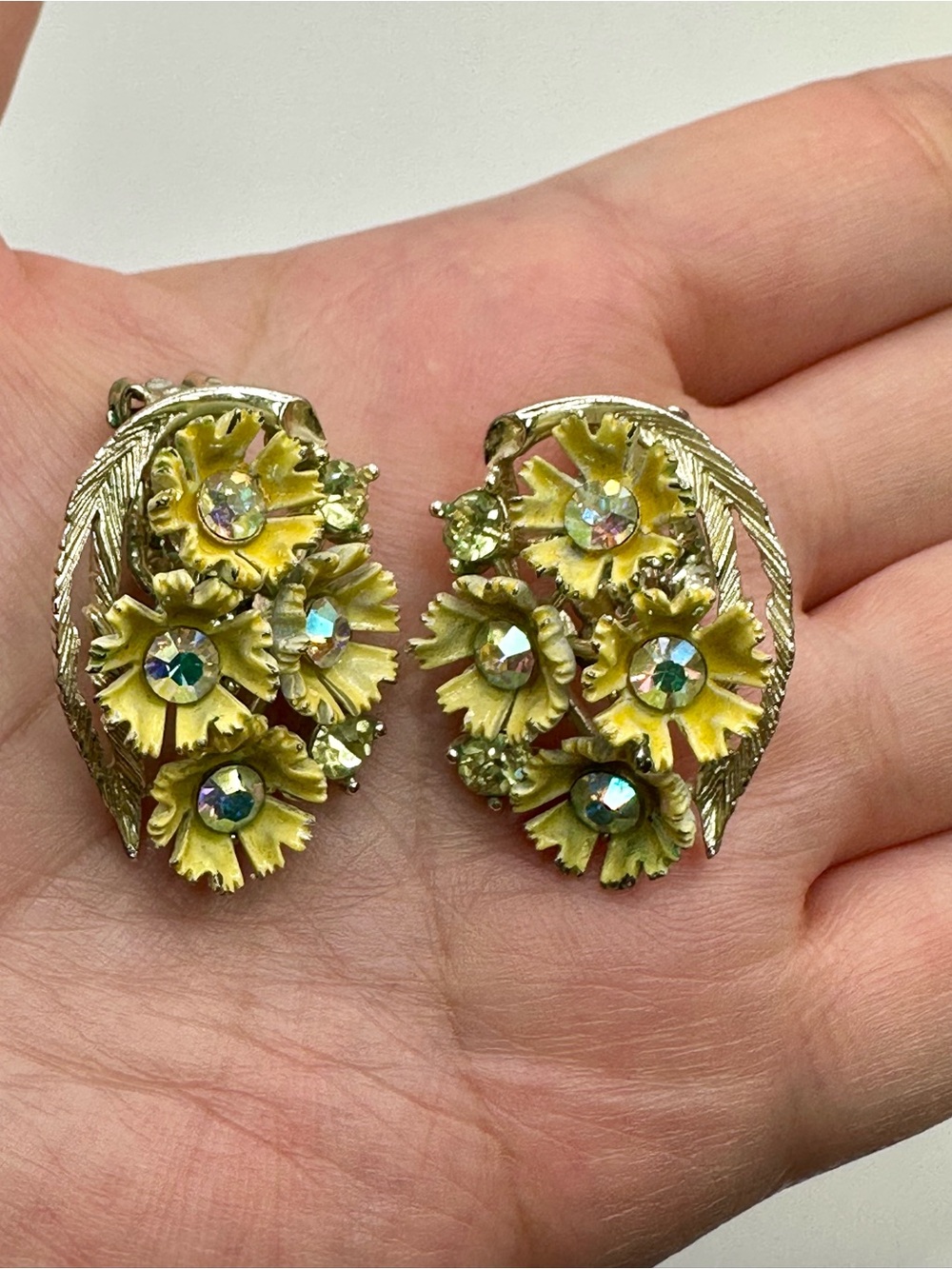 Yellow Floral Crystal Clip-On Earrings - Unbranded
